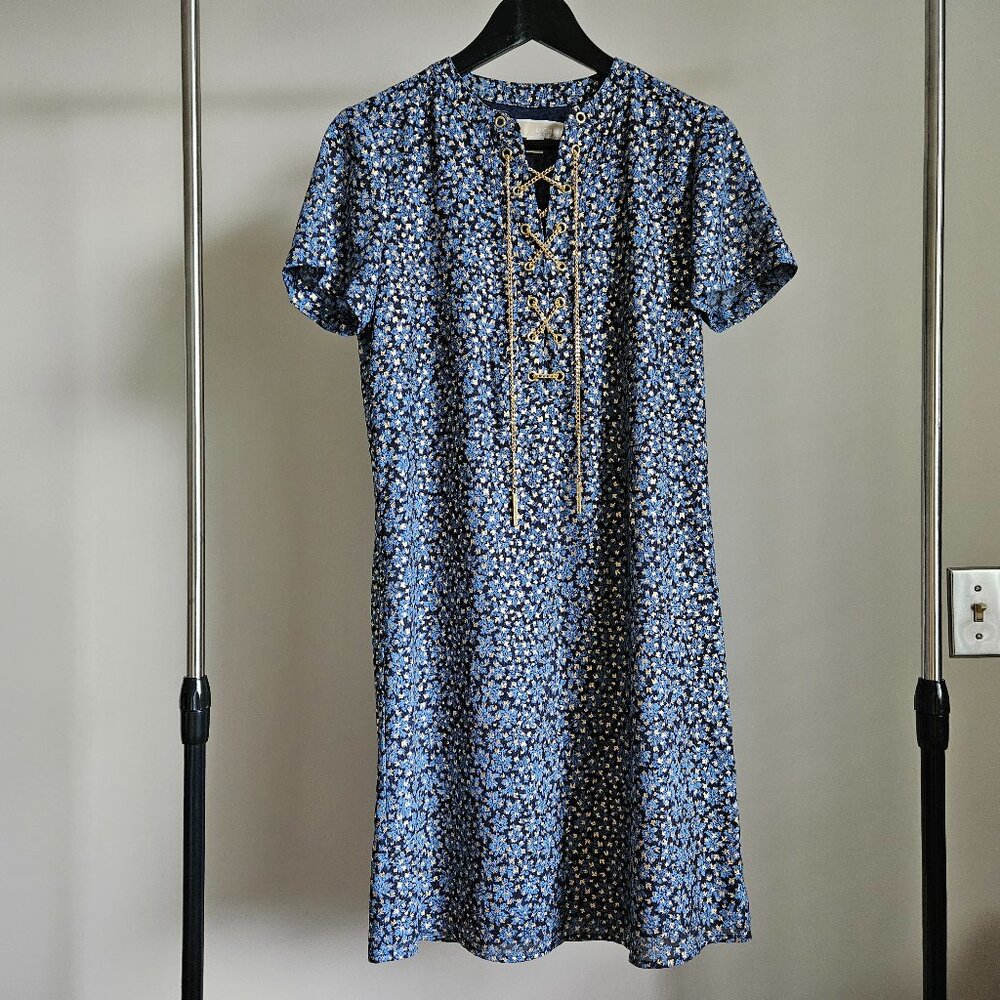 NWOT Michael Kors Floral Chain Lace-Up Dress Navy Blue - Size XS